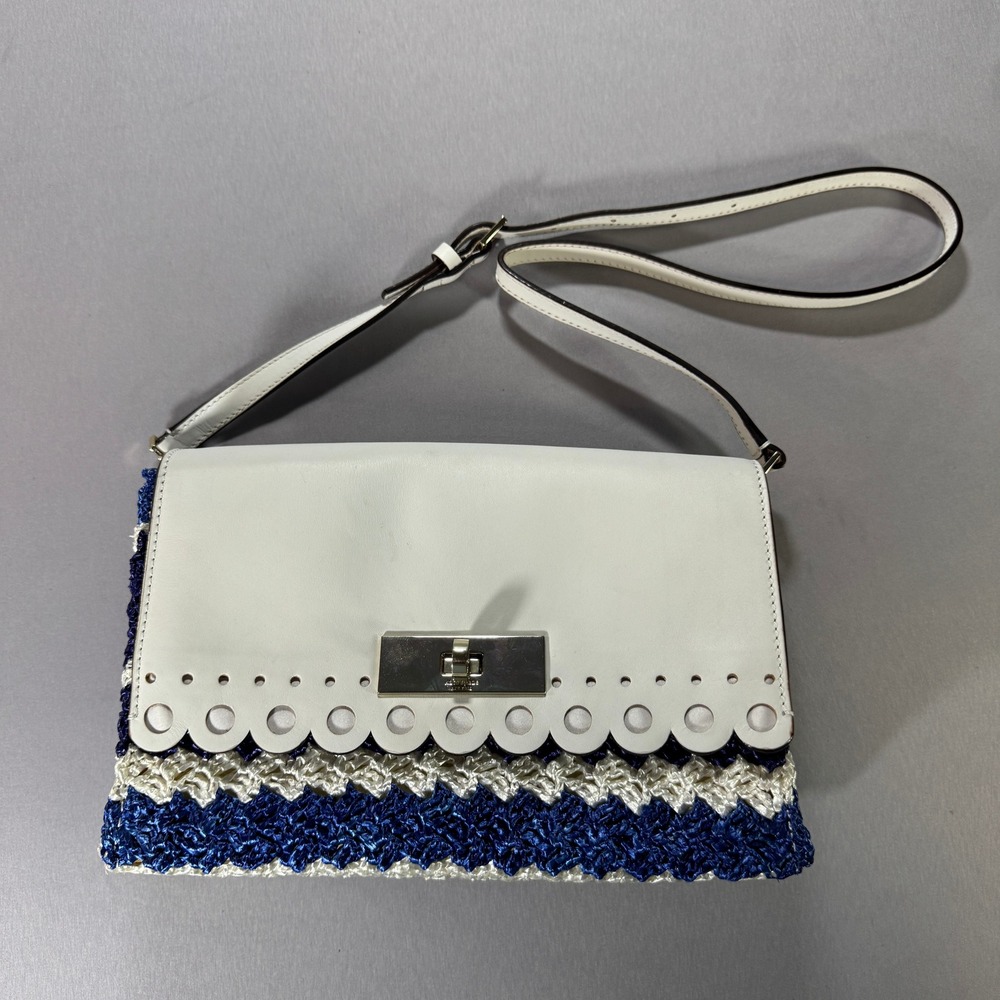 Kate Spade New York White Leather Navy Blue Woven Straw Scallop Crossbody Bag